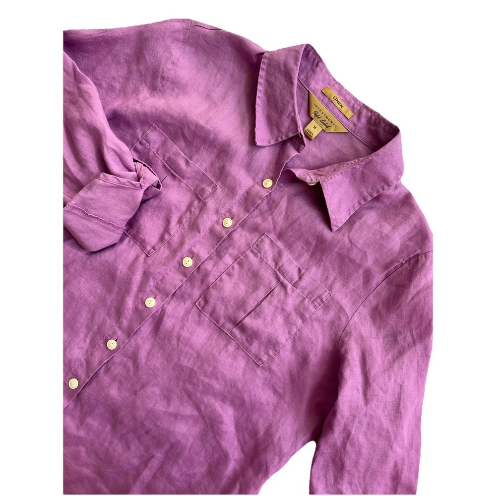 Investments Gold Label Sz 14 100 % Linen‎ Blouse Shirt w Tab Sleeves Purple